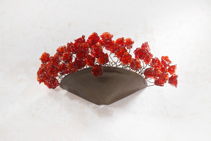 Red Resin Roses Wall Sconce: Spherical Bronze Up-Lit Home Lighting