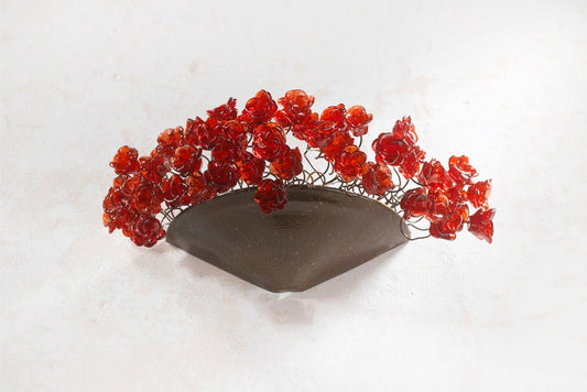 Red Resin Roses Wall Sconce: Spherical Bronze Up-Lit Home Lighting