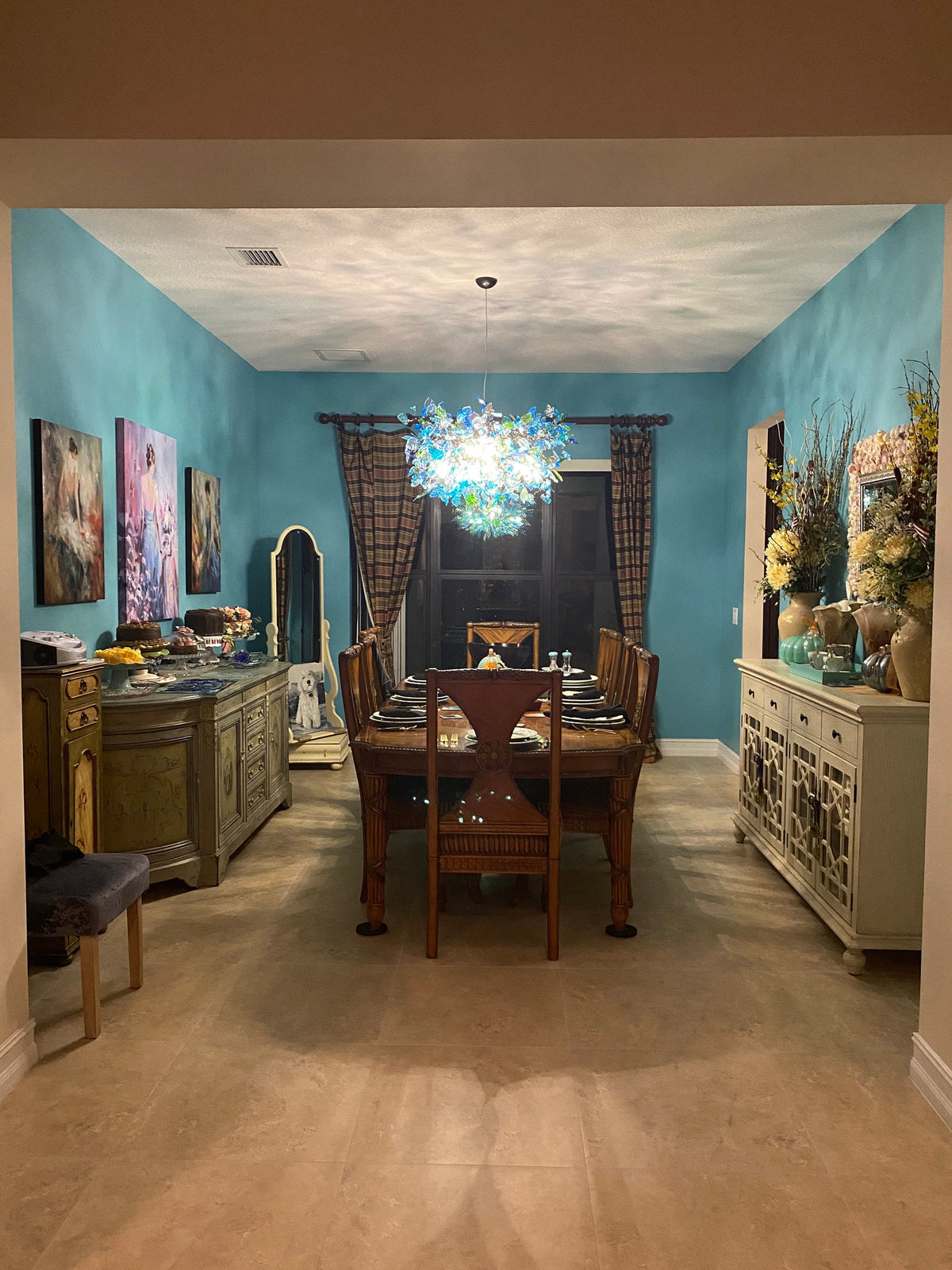 Large Sea Blue Resin Chandelier: Handmade Flower and Leaves Dining Room Light