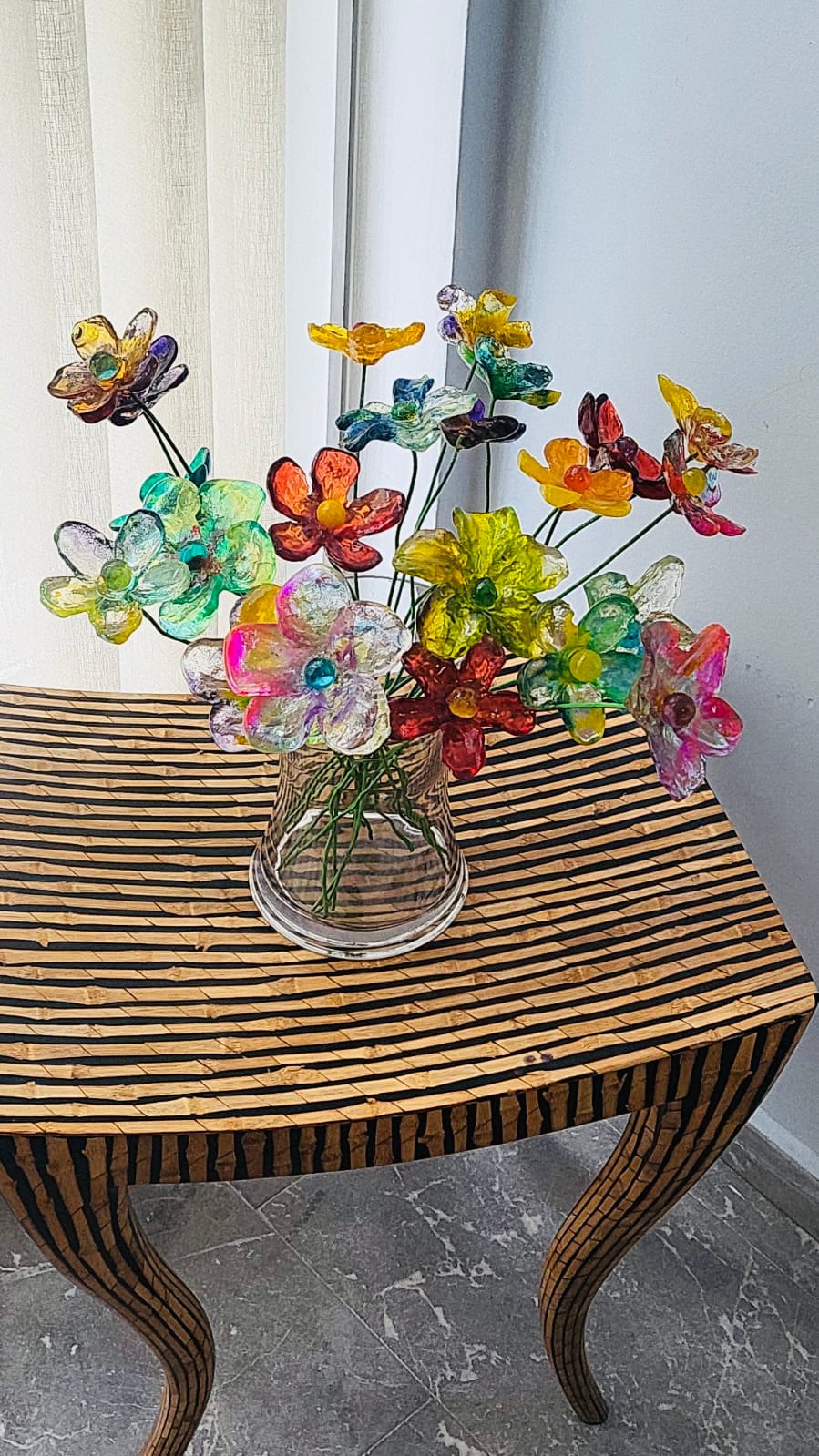 Resin Long-stem artificial Pink and turquois flowers bouquet, Plant lover gift, Plant decorations for pots and vases
