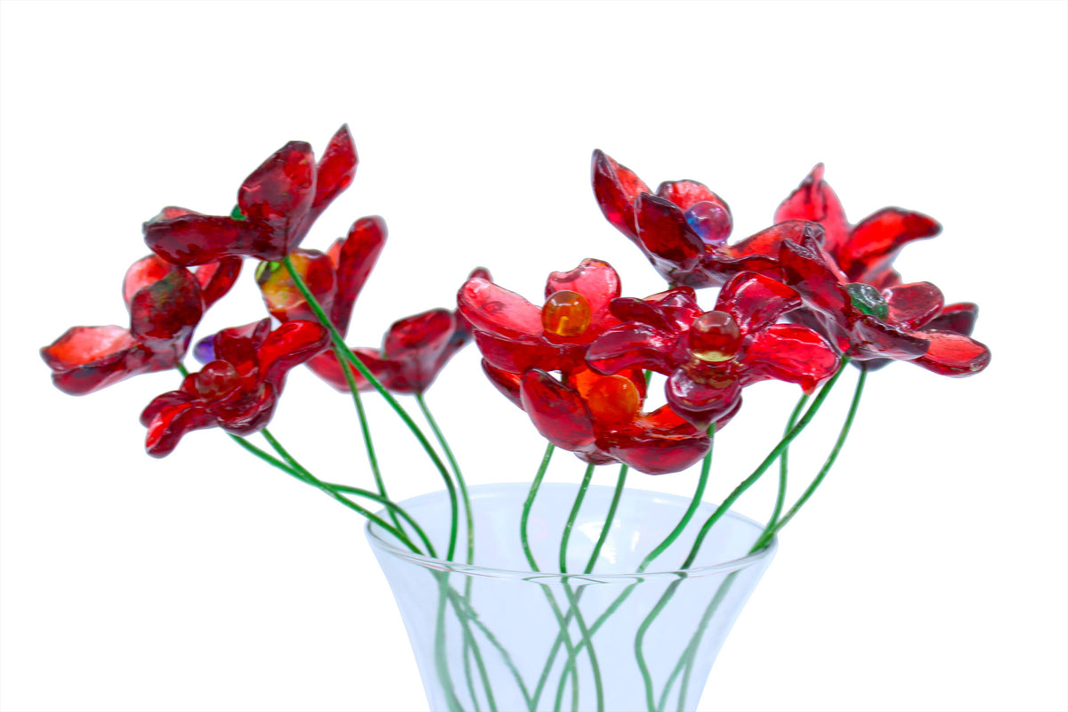 Resin Long-stem artificial Red flowers bouquet, Plant lover gift, Plant decorations for pots and vases
