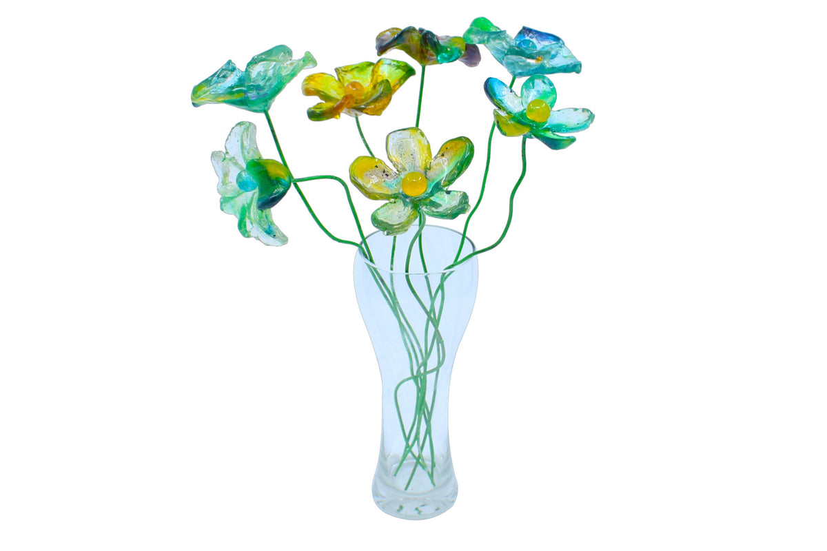 Resin Long-stem artificial blue and green flowers bouquet, Plant lover gift, Plant decorations for pots and vases