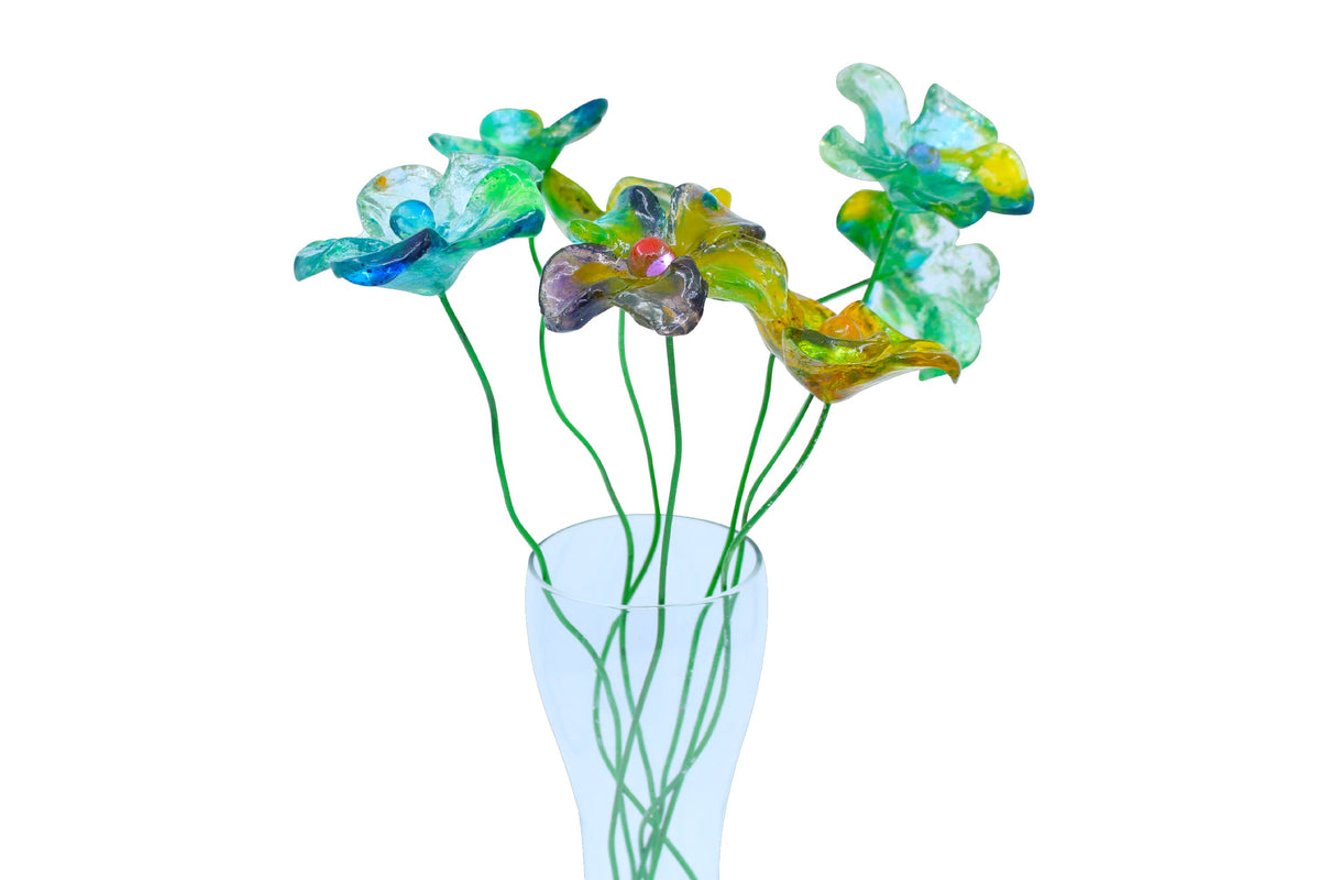 Resin Long-stem artificial blue and green flowers bouquet, Plant lover gift, Plant decorations for pots and vases