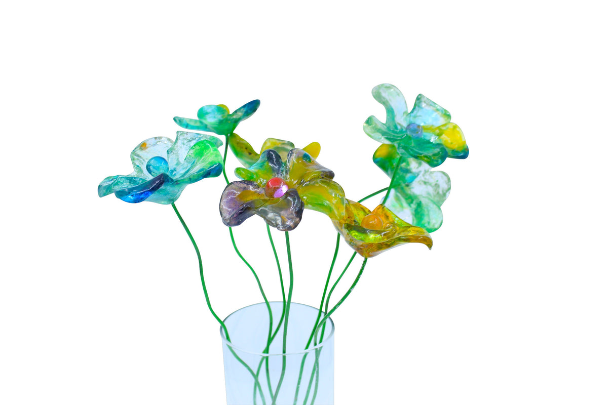 Resin Long-stem artificial blue and green flowers bouquet, Plant lover gift, Plant decorations for pots and vases