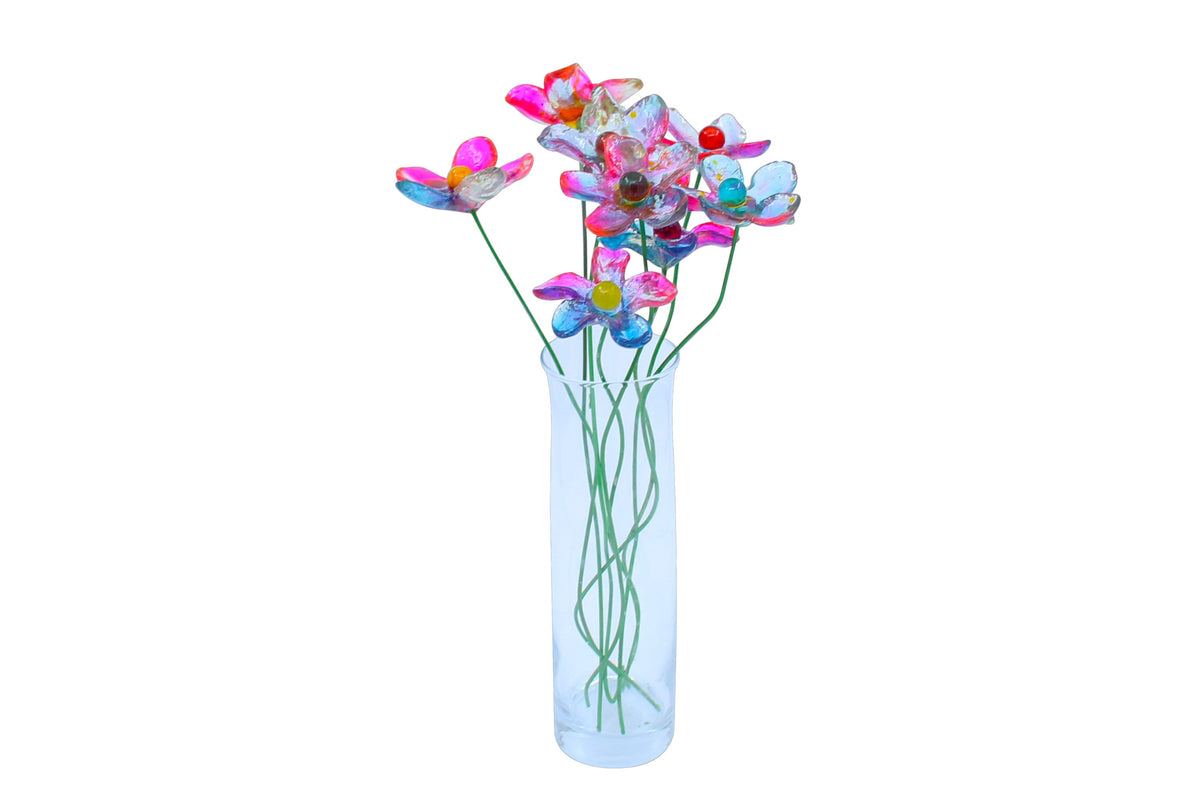 Resin Long-stem artificial Pink and turquois flowers bouquet, Plant lover gift, Plant decorations for pots and vases