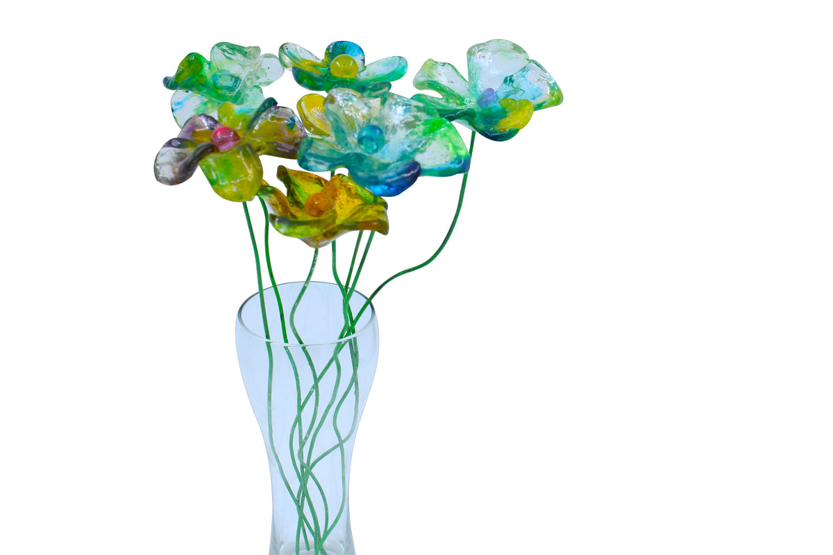 Resin Long-stem artificial blue and green flowers bouquet, Plant lover gift, Plant decorations for pots and vases