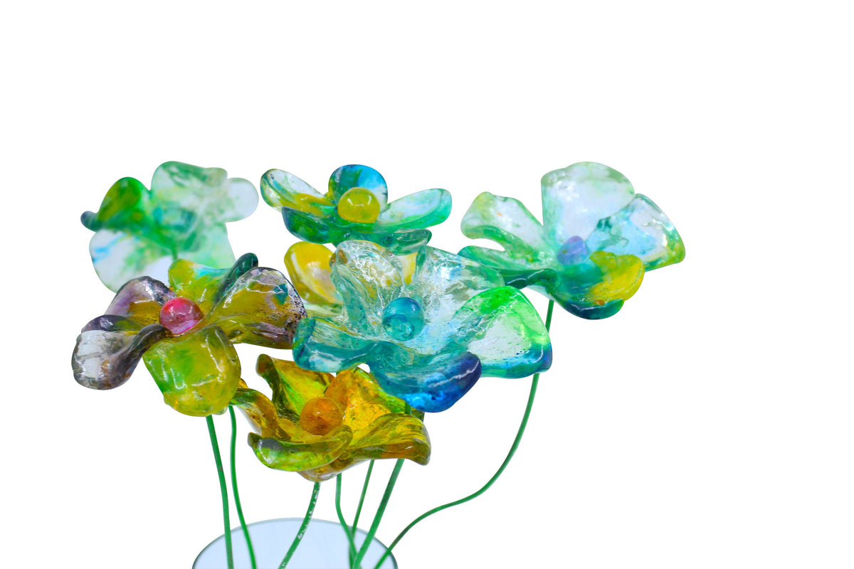 Resin Long-stem artificial blue and green flowers bouquet, Plant lover gift, Plant decorations for pots and vases