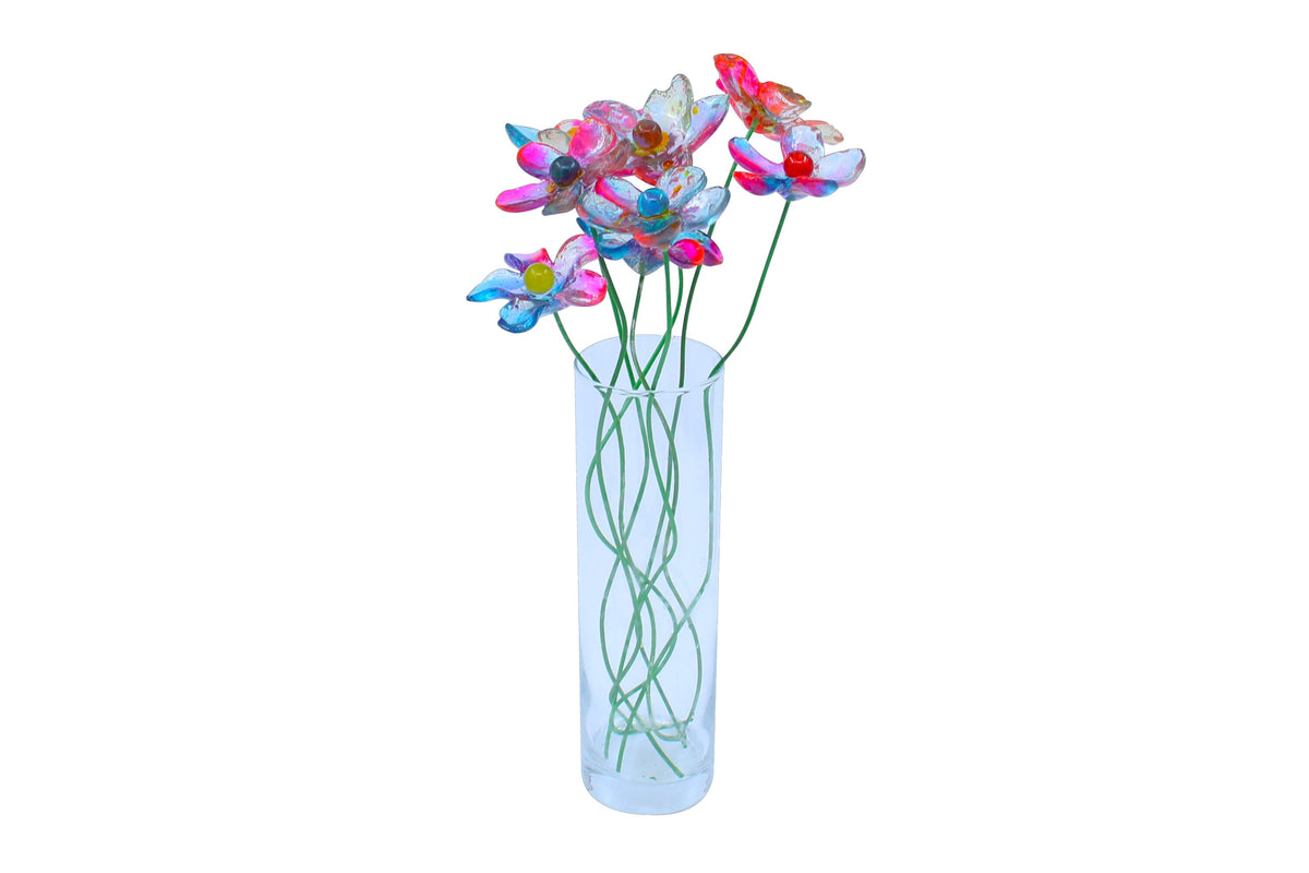 Resin Long-stem artificial Pink and turquois flowers bouquet, Plant lover gift, Plant decorations for pots and vases