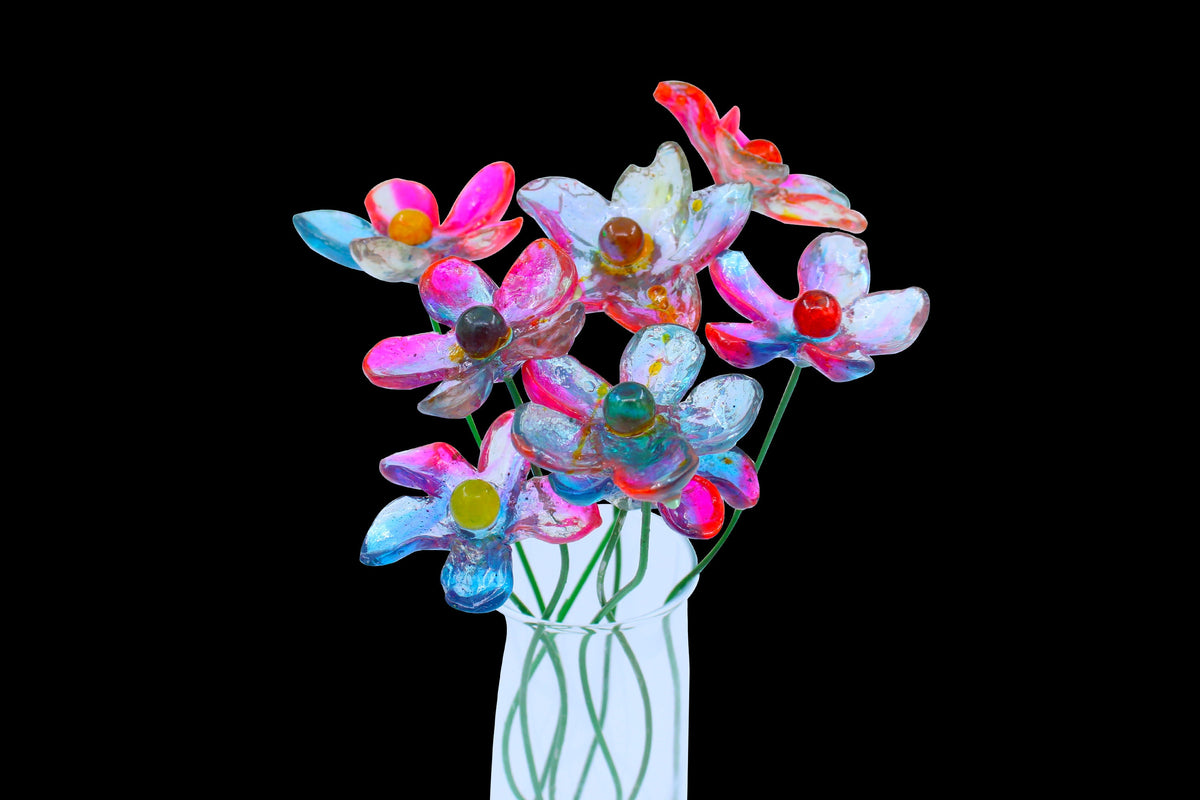 Resin Long-stem artificial Pink and turquois flowers bouquet, Plant lover gift, Plant decorations for pots and vases