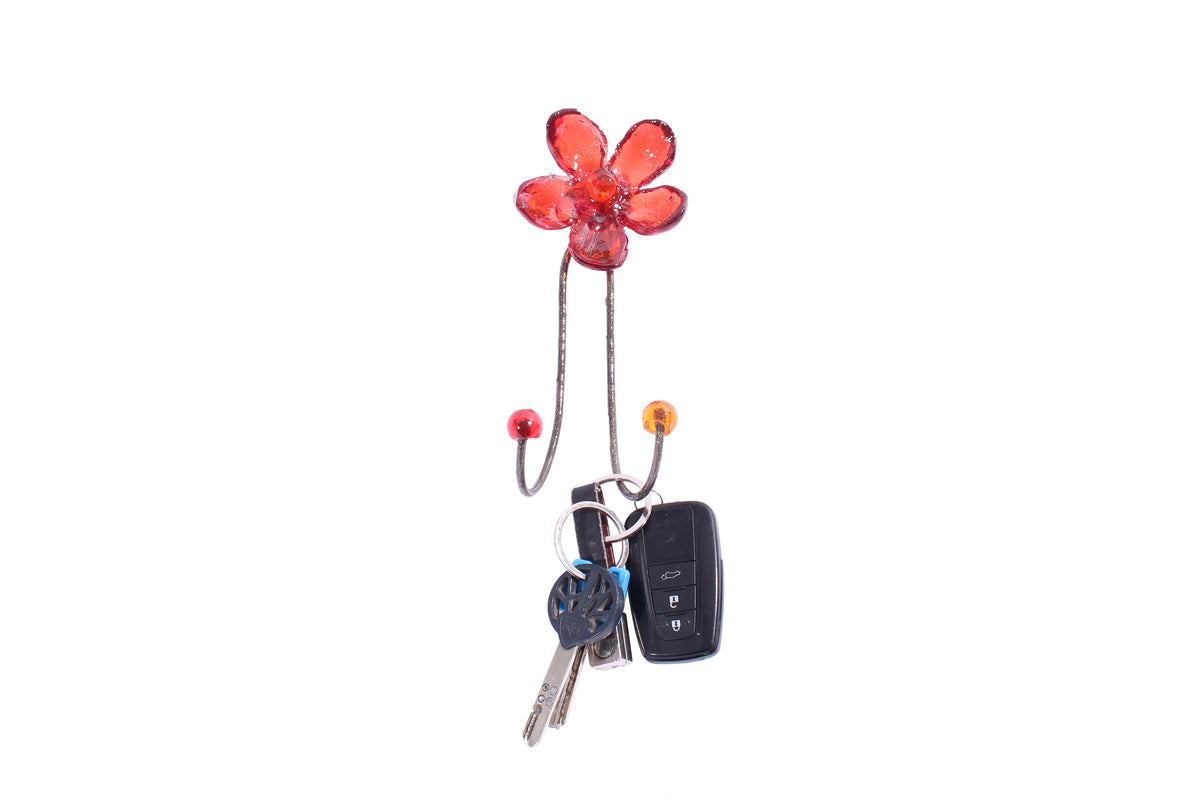 Wall Hook with red resin flower, decorative wall hanger.