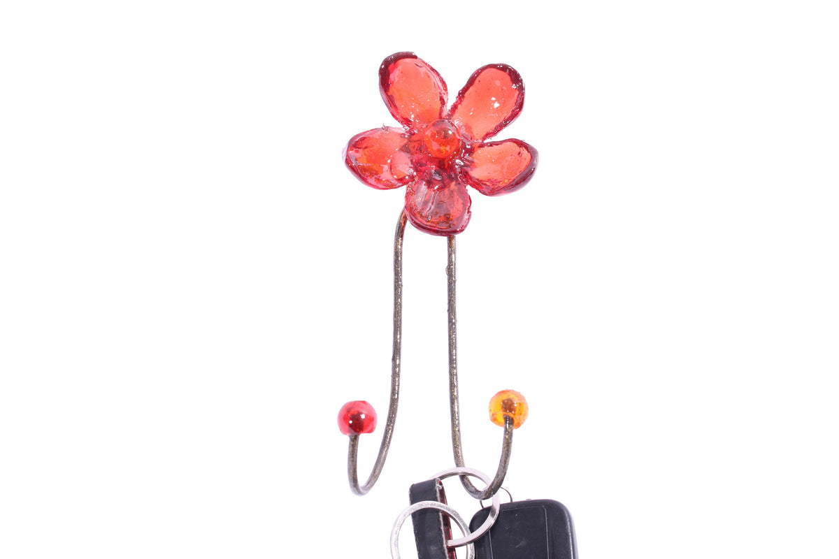Wall Hook with red resin flower, decorative wall hanger.