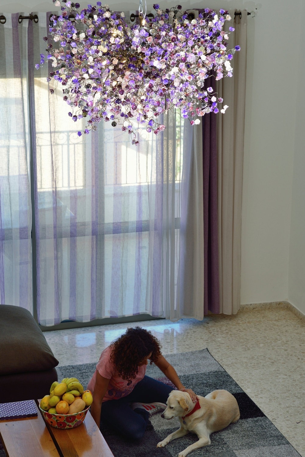 Floral Chandelier: Handmade Resin Flower Ceiling Light, Purple & Gray