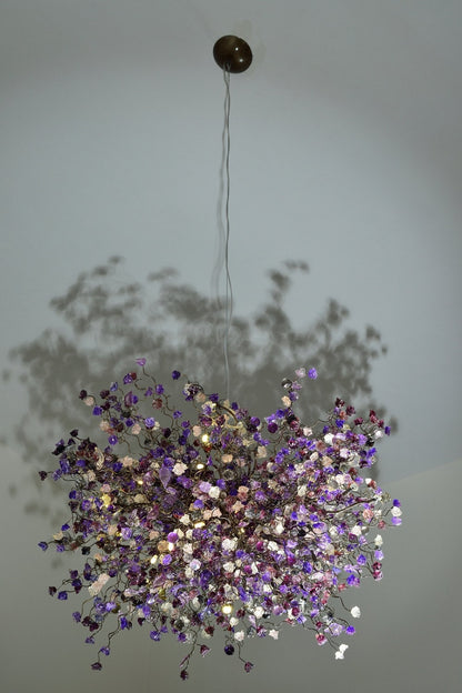 Floral Chandelier: Handmade Resin Flower Ceiling Light, Purple & Gray