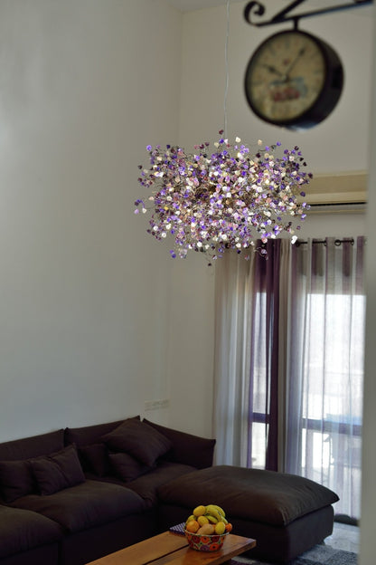 Floral Chandelier: Handmade Resin Flower Ceiling Light, Purple & Gray