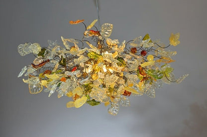 Chandelier hanging light with Champagne color flowers & leaves