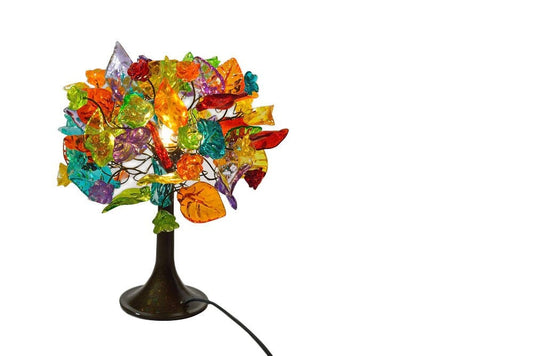 Bedside table lamp with multicolored flowers a leaves, lighter for desk or bedside table.