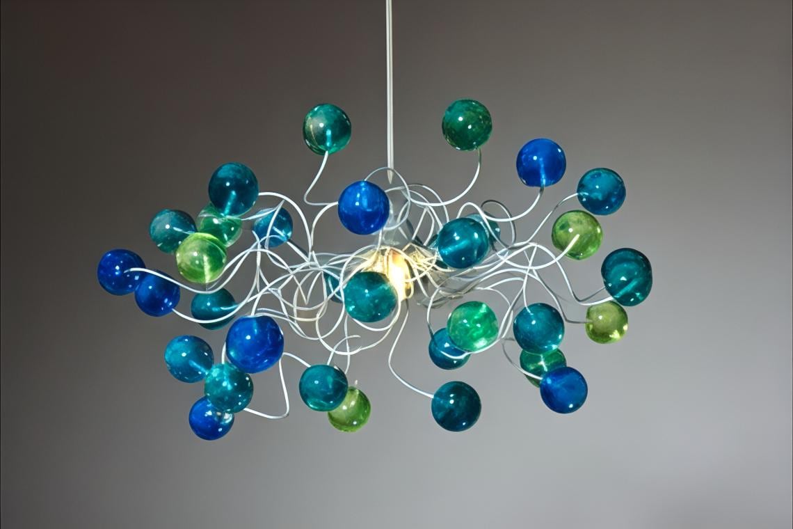 Modern Ceiling Light Fixture: Blue Green Resin Bubble Chandelier