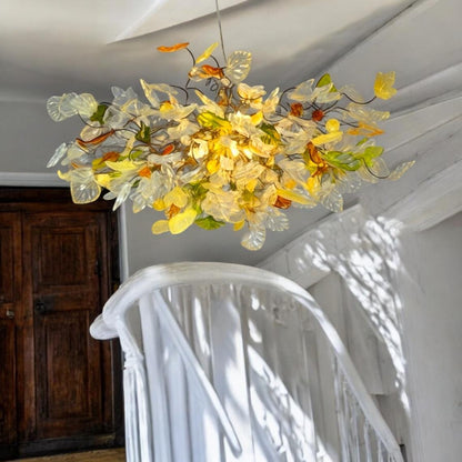 Chandelier hanging light with Champagne color flowers & leaves