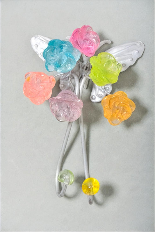 Wall Hook with pastel resin flowers and metal butterfly - decorative wall hanger.