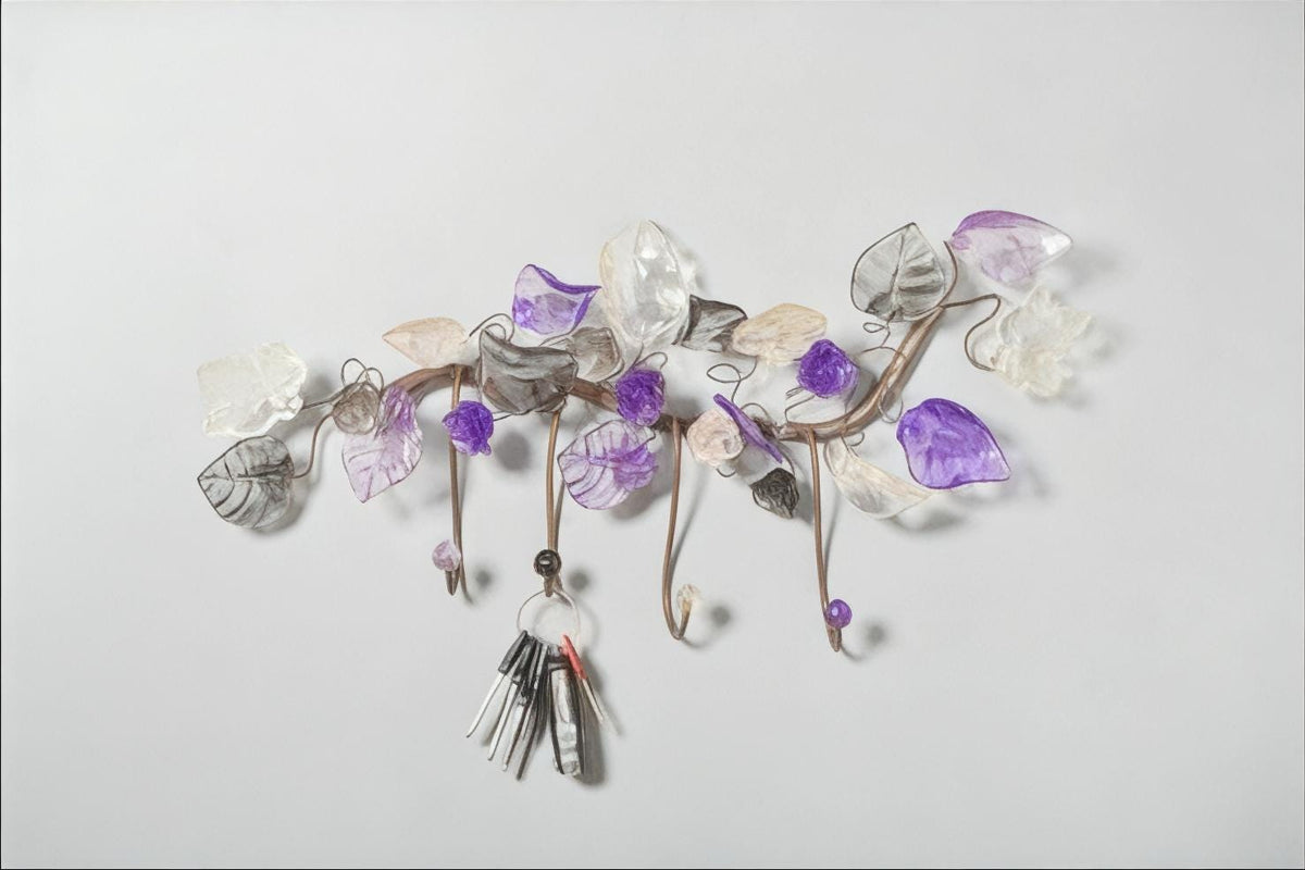 Decorative Hook with purple and gray flowers and leaves - decorative wall hanger, Towel Holder, Bathroom Hooks