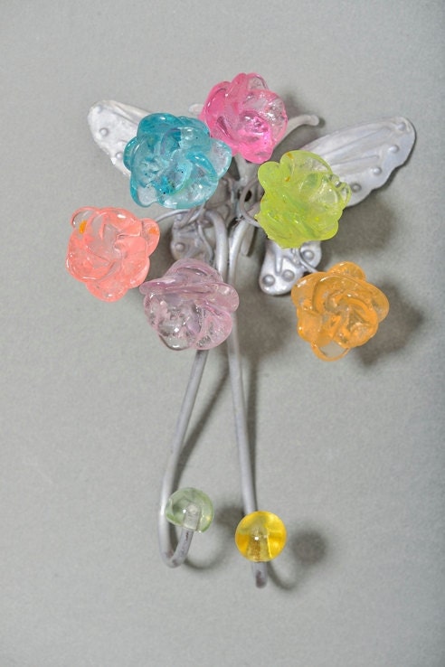 Wall Hook with pastel resin flowers and metal butterfly - decorative wall hanger.