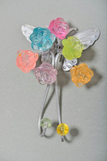 Wall Hook with pastel resin flowers and metal butterfly - decorative wall hanger.