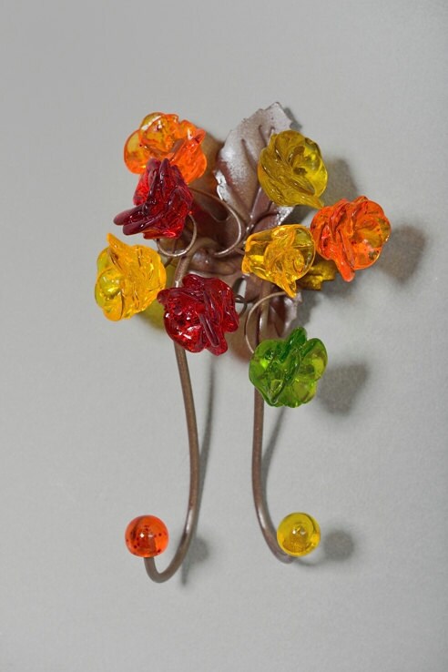 Wall Hook with Warm color resin flowers and leaves, decorative wall hanger.