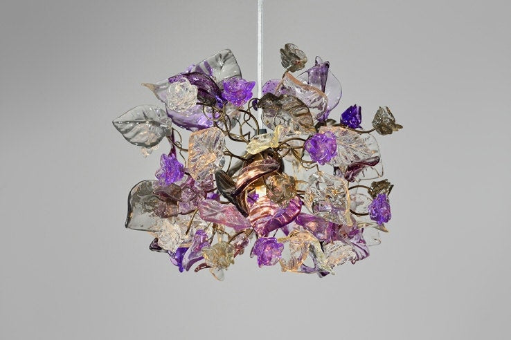 Unique Pendant Light with flowers and leaves at purple, gray and clear color.