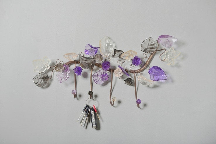 Decorative Hook with purple and gray flowers and leaves - decorative wall hanger, Towel Holder, Bathroom Hooks