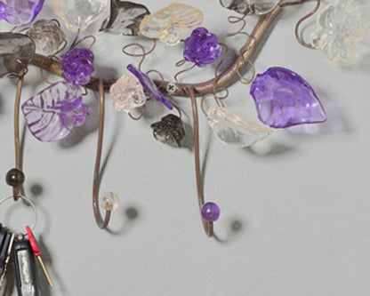 Decorative Hook with purple and gray flowers and leaves - decorative wall hanger, Towel Holder, Bathroom Hooks