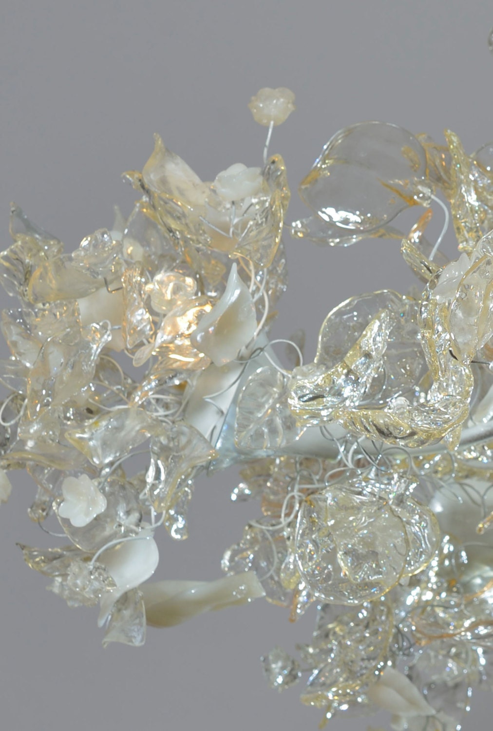 Chandelier Ceiling Light with Clear Transparent and white leaves and flowers for living room or Dining table- unique and elegant lighting.