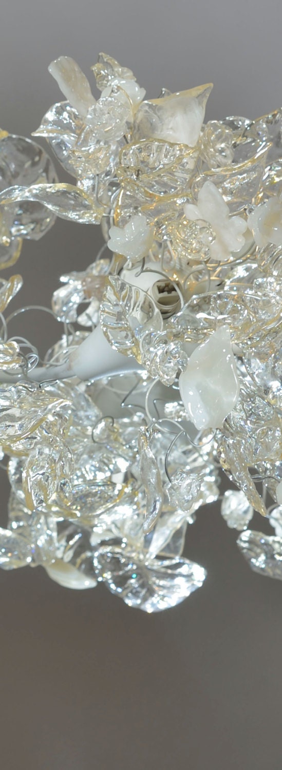 Chandelier Ceiling Light with Clear Transparent and white leaves and flowers for living room or Dining table- unique and elegant lighting.