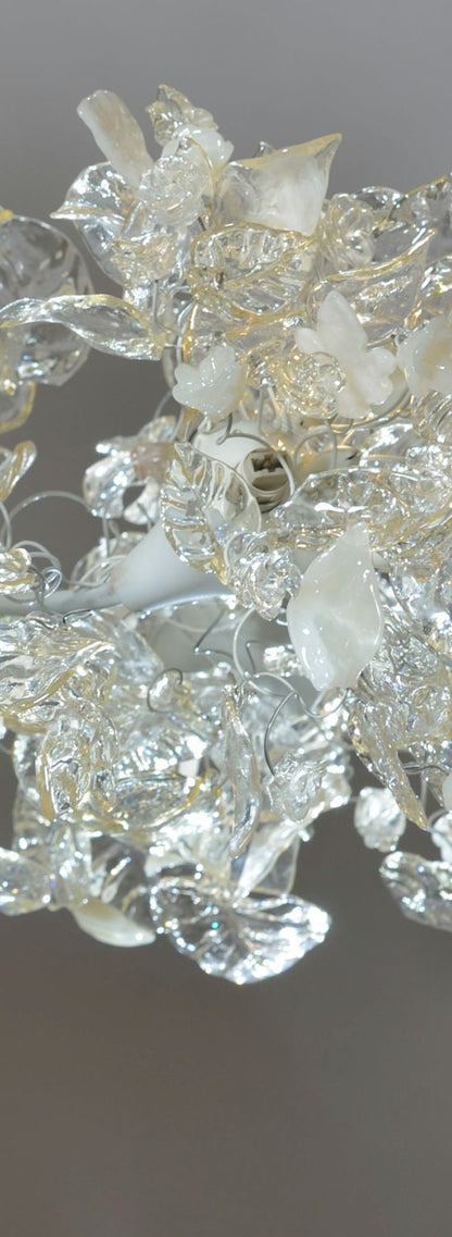 Chandelier Ceiling Light with Clear Transparent and white leaves and flowers for living room or Dining table- unique and elegant lighting.