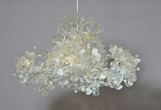 Chandelier Ceiling Light with Clear Transparent and white leaves and flowers for living room or Dining table- unique and elegant lighting.