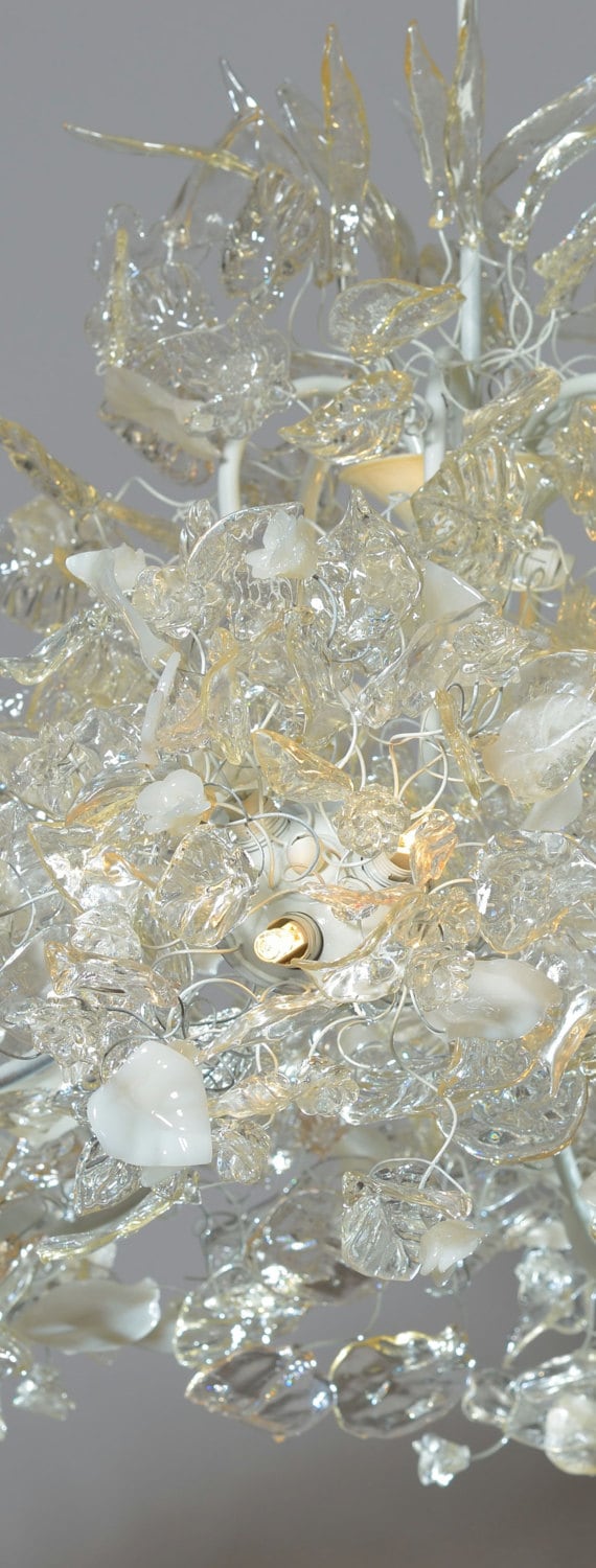 Chandelier Ceiling Light with Clear Transparent and white leaves and flowers for living room or Dining table- unique and elegant lighting.