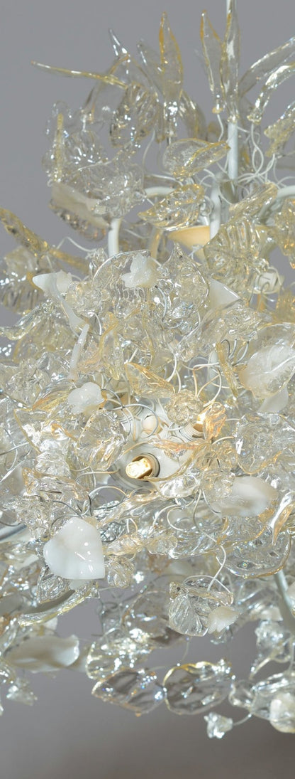 Chandelier Ceiling Light with Clear Transparent and white leaves and flowers for living room or Dining table- unique and elegant lighting.