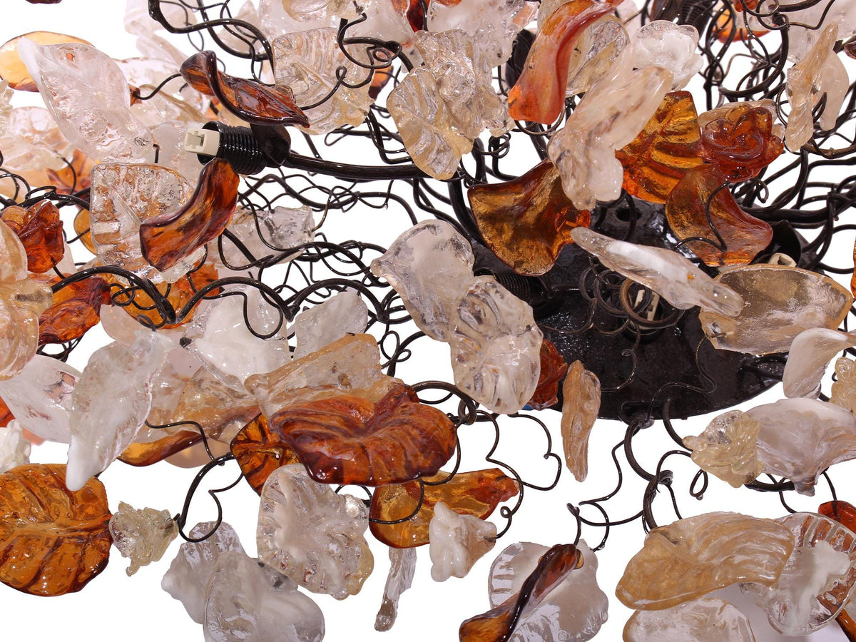 Large oval Flush Mount Ceiling Light with clear gold and brown flowers and leaves