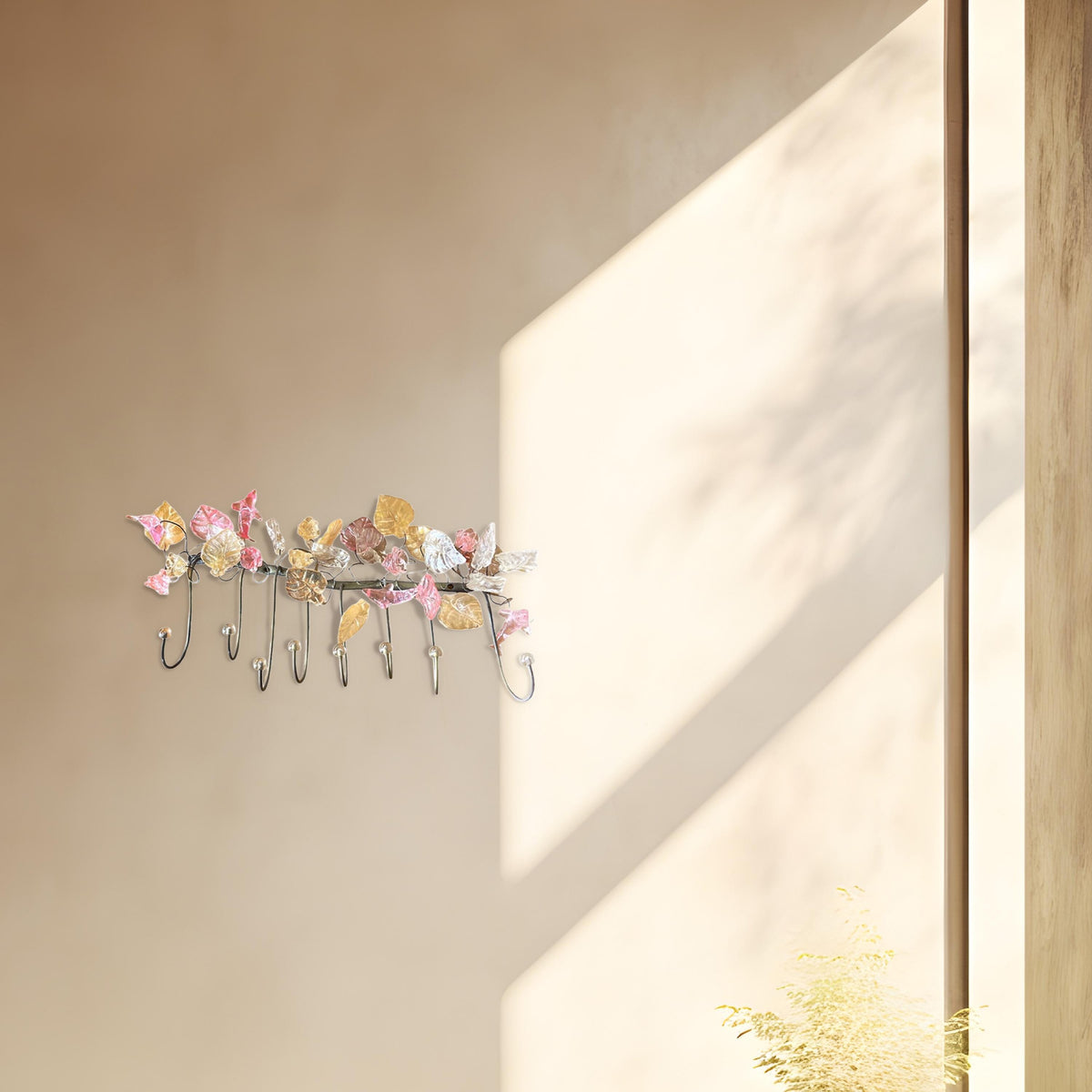 Coat rack, Wall Hook with Pastel resin flowers and leaves and , decorative wall hanger.