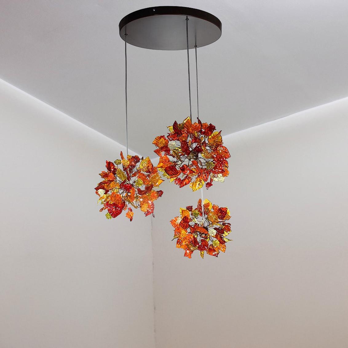 Triple Round Pendant Light With Autumn Colored Resin Leaves