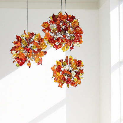 Triple Round Pendant Light With Autumn Colored Resin Leaves