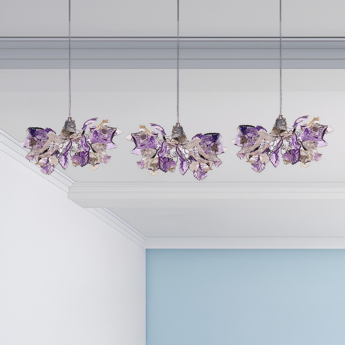 Handmade Triple Pendant Chandelier with Purple Flowers and Leaves - Elegant Ceiling Lighting for Kitchen Island and Dining Room