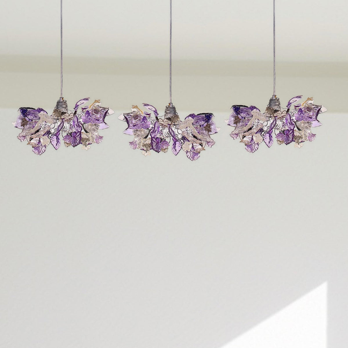 Handmade Triple Pendant Chandelier with Purple Flowers and Leaves - Elegant Ceiling Lighting for Kitchen Island and Dining Room