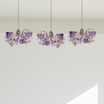 Handmade Triple Pendant Chandelier with Purple Flowers and Leaves - Elegant Ceiling Lighting for Kitchen Island and Dining Room