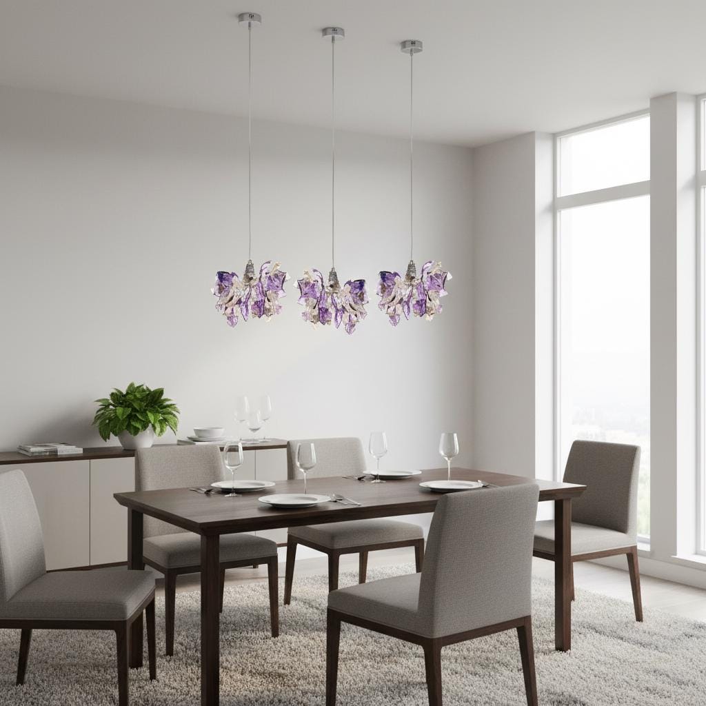 Handmade Triple Pendant Chandelier with Purple Flowers and Leaves - Elegant Ceiling Lighting for Kitchen Island and Dining Room
