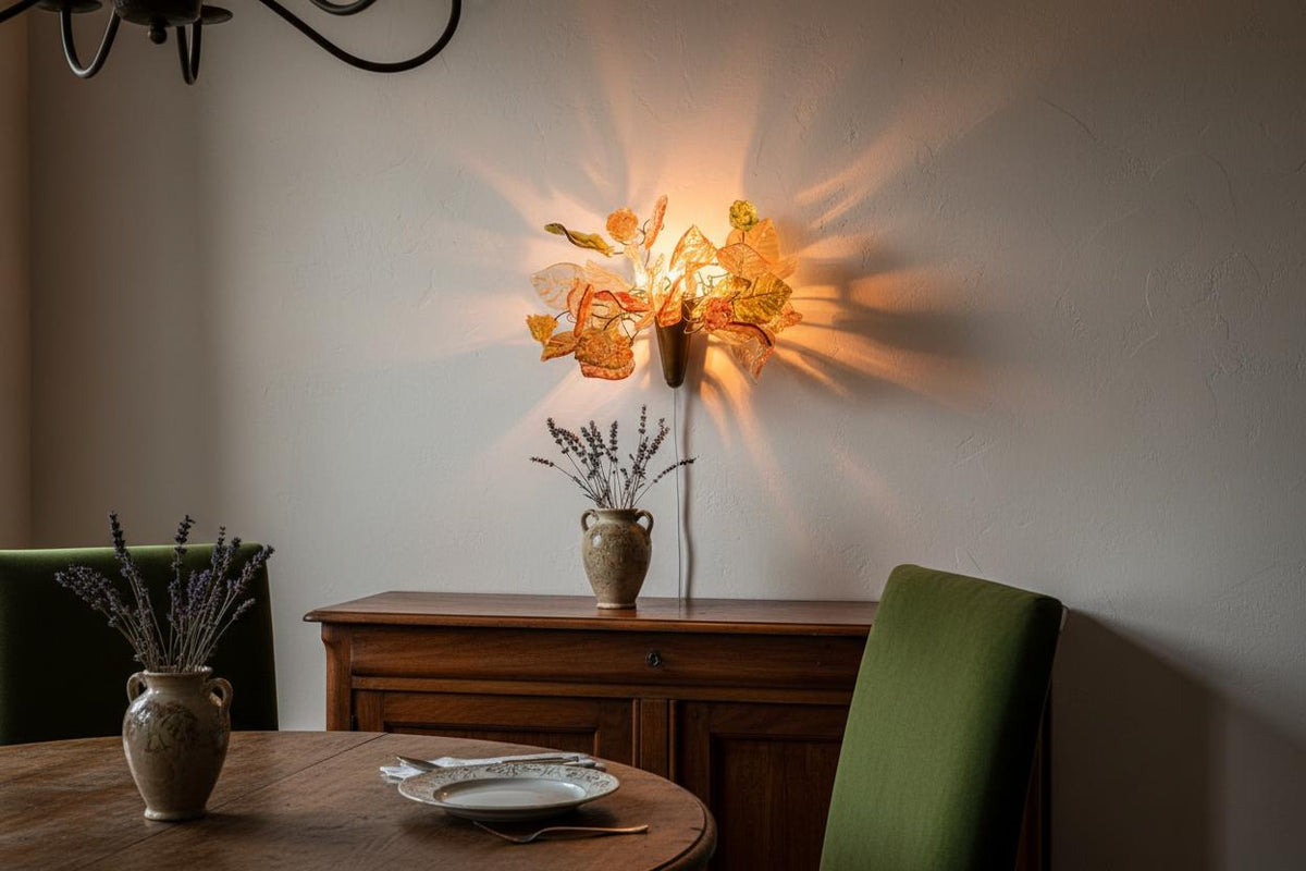 Floral Wall Sconce: Resin Leaves, Warm Light, Plug-In Lamp