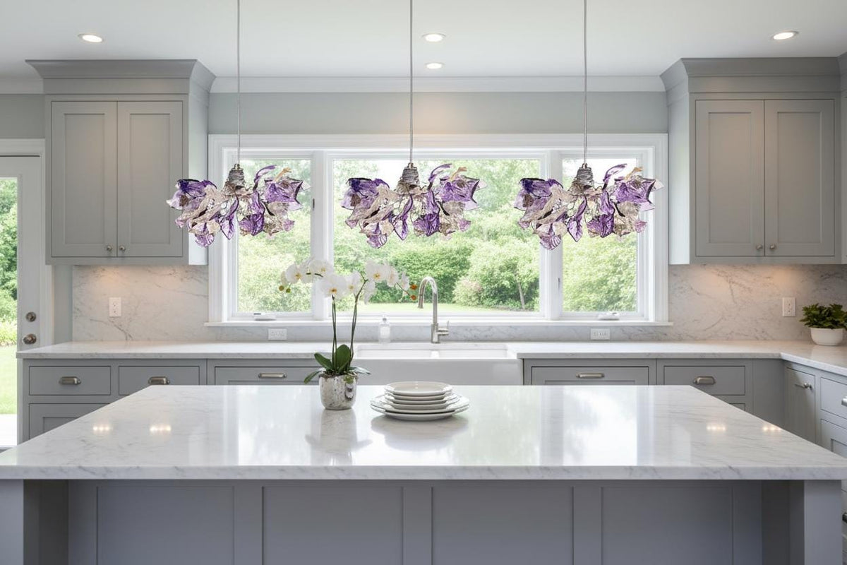 Handmade Triple Pendant Chandelier with Purple Flowers and Leaves - Elegant Ceiling Lighting for Kitchen Island and Dining Room
