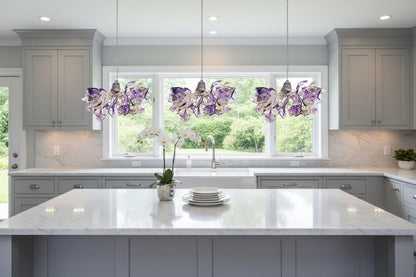 Handmade Triple Pendant Chandelier with Purple Flowers and Leaves - Elegant Ceiling Lighting for Kitchen Island and Dining Room