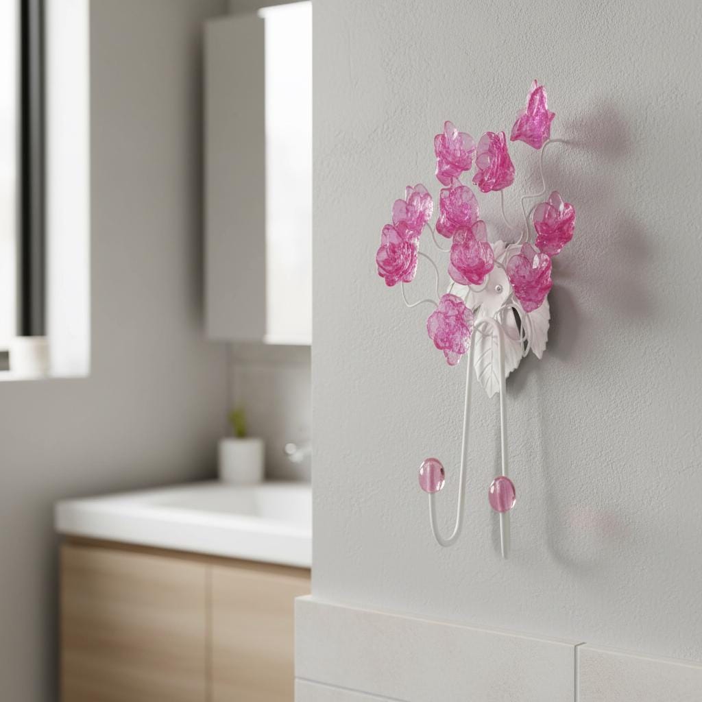 Wall Hook with pink resin flowers, decorative wall hanger.