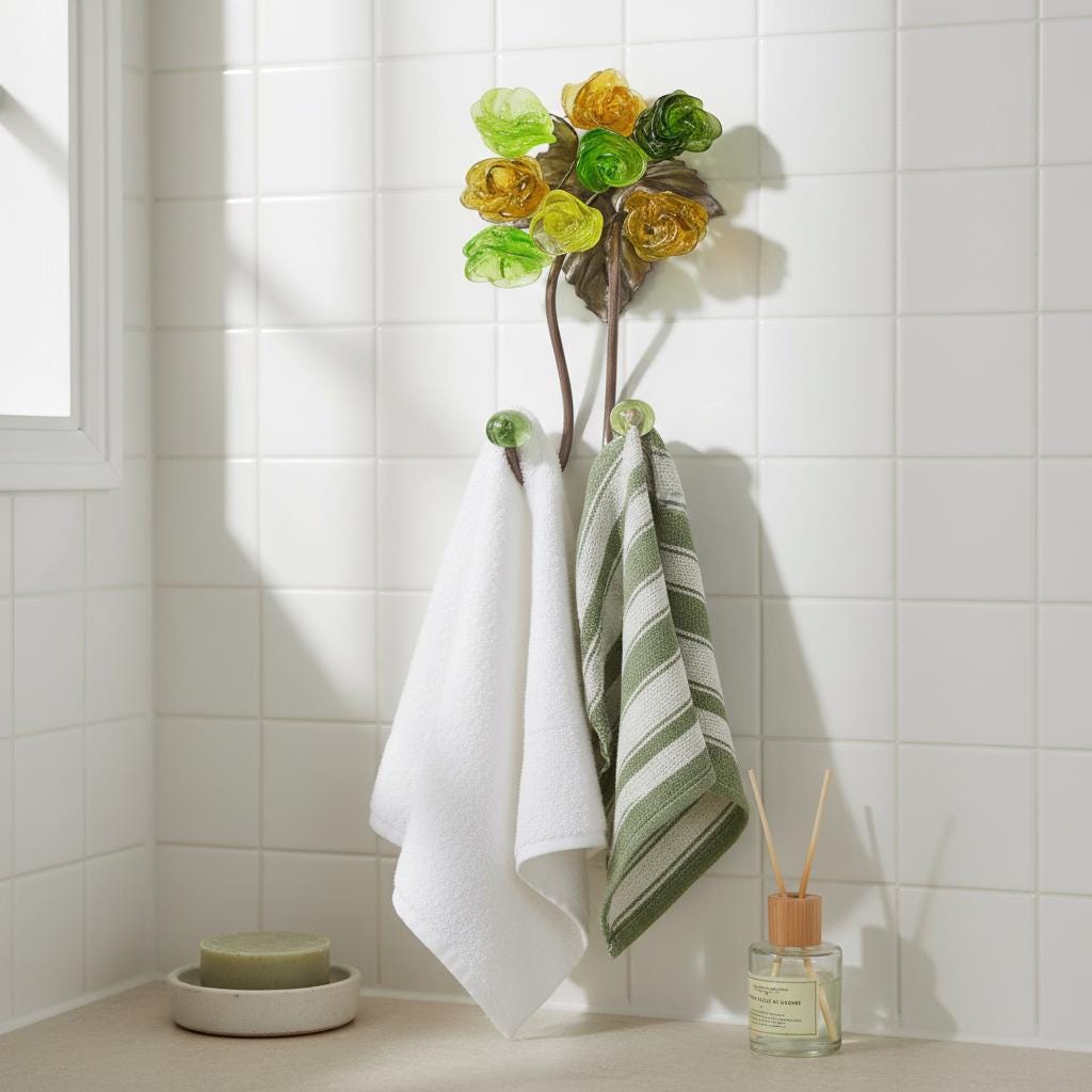 Wall Hooks Decorative leave with green resin flowers for key, towels