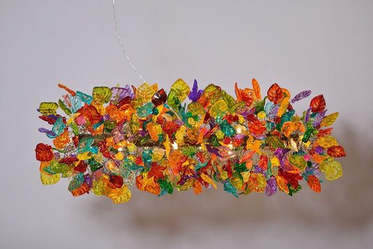 Floral Chandelier Lighting: Multicolored Resin Flowers & Leaves